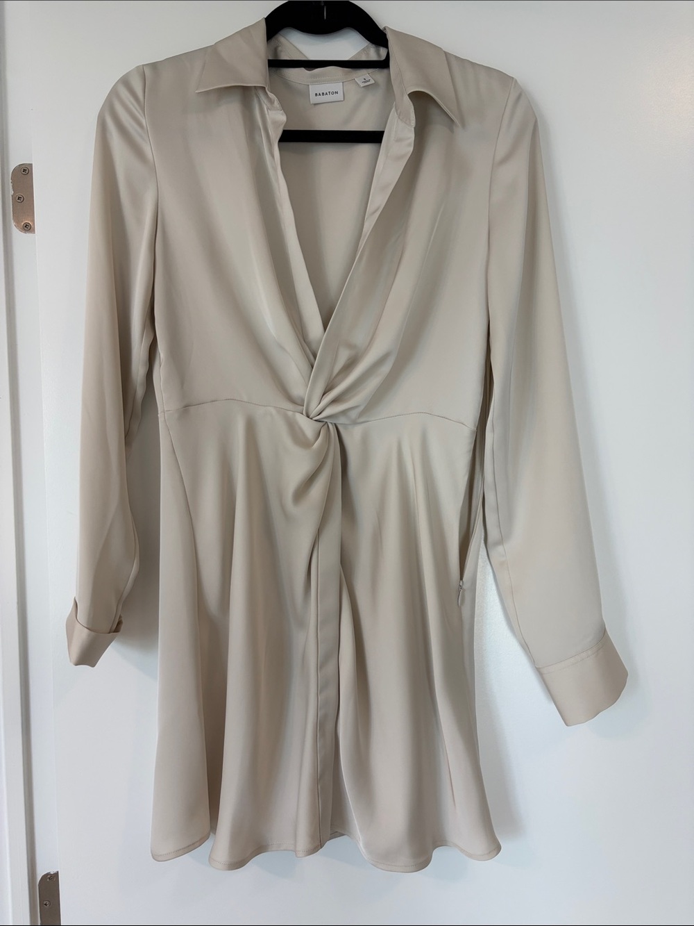 Babaton Neutral Twist-Front Long-Sleeve Silk Dress